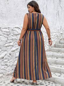 SHEIN LUNE Đầm Plus Size Thắt lưng Tách cao Nút phía trước Sọc Giải trí - Nhiều màu - Xem 2