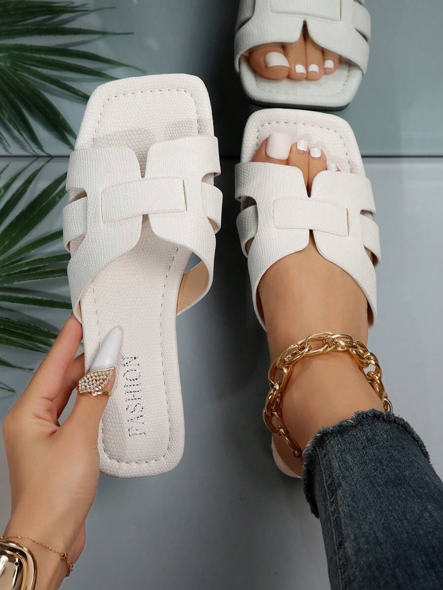 Elegant White Sandals For Women, Snakeskin Embossed Cut Out Design Slide Sandals,Spring Summer Outfits