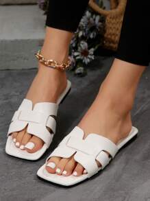 Elegant White Sandals For Women, Snakeskin Embossed Cut Out Design Slide Sandals,Spring Summer Outfits - White - View 3
