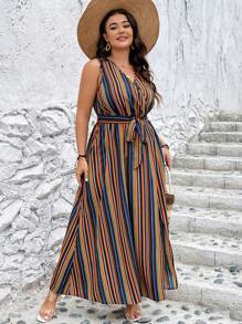 SHEIN LUNE Đầm Plus Size Thắt lưng Tách cao Nút phía trước Sọc Giải trí - Nhiều màu - Xem 4