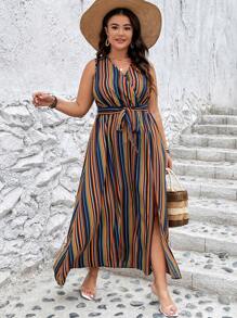 SHEIN LUNE Đầm Plus Size Thắt lưng Tách cao Nút phía trước Sọc Giải trí - Nhiều màu - Xem 5