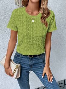 SHEIN LUNE 素色網眼刺繡T恤 - 橄欖綠 - 查看 1