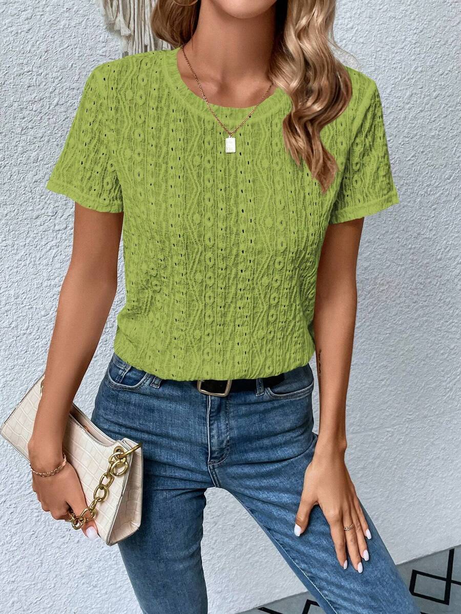 SHEIN LUNE 素色網眼刺繡T恤 - 橄欖綠 - 查看 1