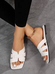 Elegant White Sandals For Women, Snakeskin Embossed Cut Out Design Slide Sandals,Spring Summer Outfits - White - View 6