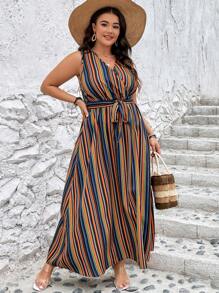 SHEIN LUNE Đầm Plus Size Thắt lưng Tách cao Nút phía trước Sọc Giải trí - Nhiều màu - Xem 6