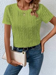 SHEIN LUNE 素色網眼刺繡T恤 - 橄欖綠 - 查看 3