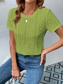 SHEIN LUNE 素色網眼刺繡T恤 - 橄欖綠 - 查看 4