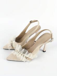 時尚杏高跟鞋適用於仿麂皮荷葉邊仿麂皮尖頭細跟后提帶高跟單鞋