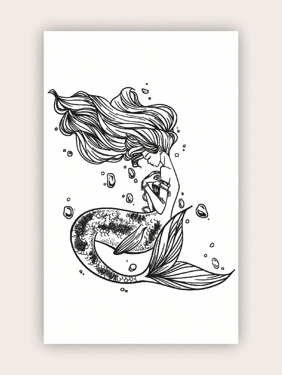 1張美人魚圖案紋身貼紙 - 黑色 - 查看 1