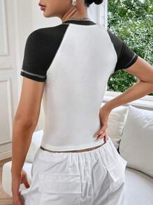 SHEIN EZwear 雙色插肩袖短款T恤 - 黑色 - 查看 2