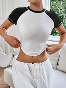 SHEIN EZwear 雙色插肩袖短款T恤 - 黑色 - 查看 6