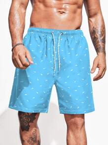 Manfinity Swimmode Men Allover Print Drawstring Waist Swim Trunks - Blue - View 1