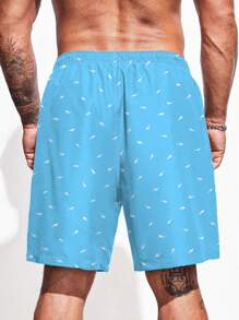 Manfinity Swimmode Men Allover Print Drawstring Waist Swim Trunks - Blue - View 2
