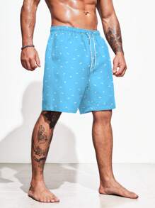 Manfinity Swimmode Men Allover Print Drawstring Waist Swim Trunks - Blue - View 4