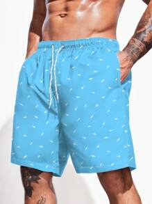 Manfinity Swimmode Men Allover Print Drawstring Waist Swim Trunks - Blue - View 5