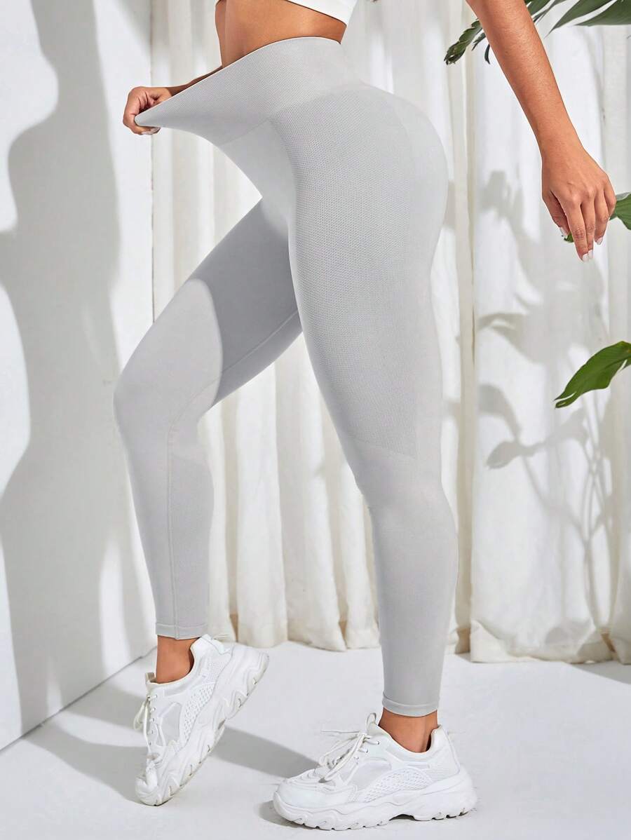 Yoga Basic 寬腰帶運動打底褲 - 淺灰色 - 查看 1