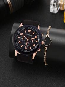 Đồng hồ thạch anh tay tròn 1 mảnh và vòng tay 1 mảnh - màu đen - Xem 1