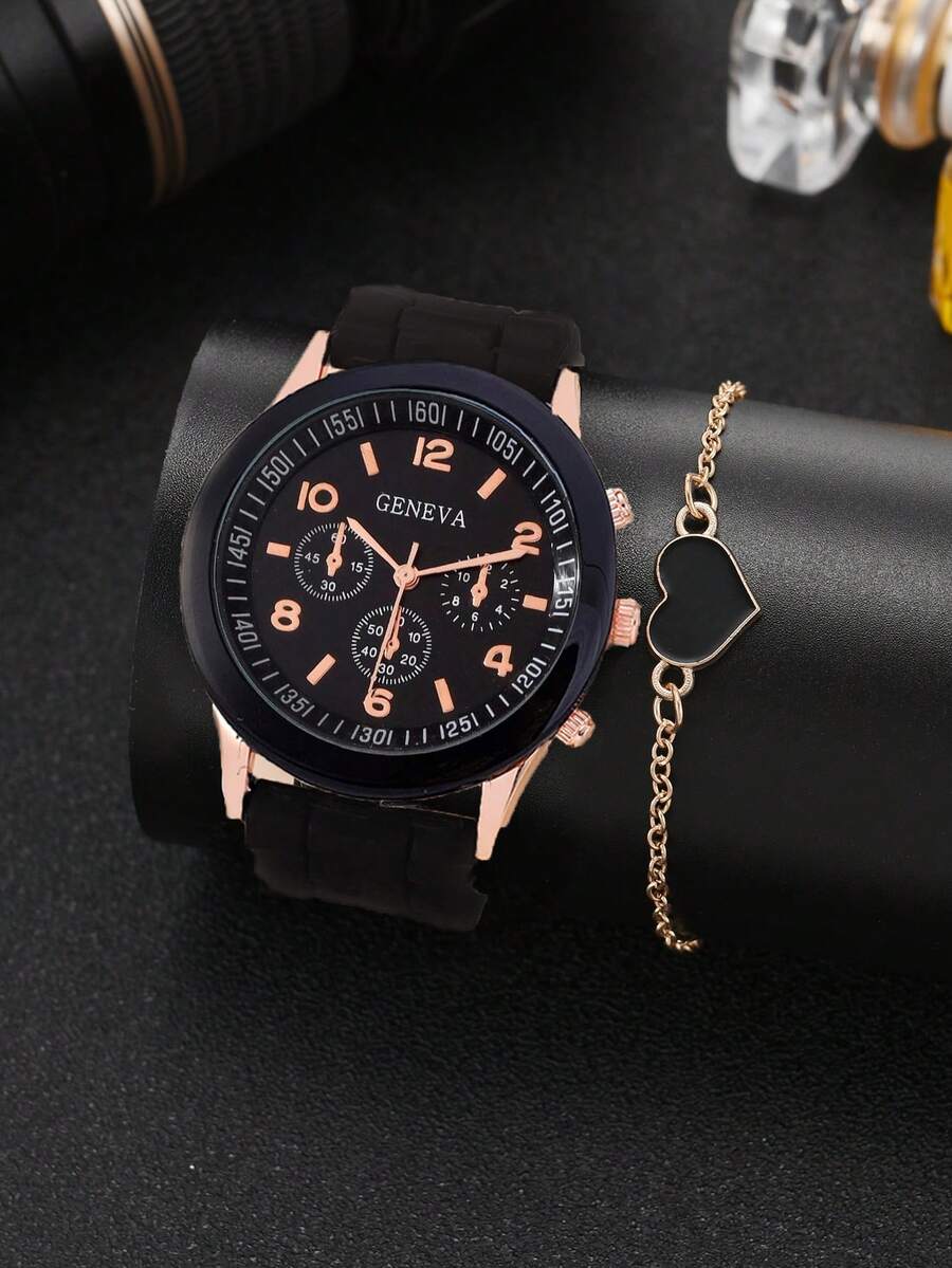 Đồng hồ thạch anh tay tròn 1 mảnh và vòng tay 1 mảnh - màu đen - Xem 1