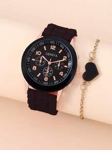 Đồng hồ thạch anh tay tròn 1 mảnh và vòng tay 1 mảnh - màu đen - Xem 2