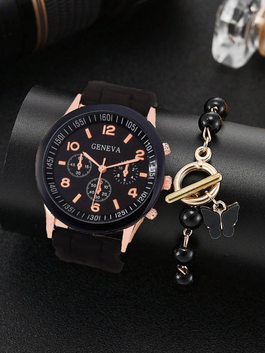 1 pieza Reloj cuarzo de puntero redondo & 1 pieza Pulsera - Negro - Ver 1