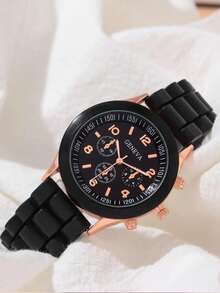 1 pieza Reloj cuarzo de puntero redondo & 1 pieza Pulsera - Negro - Ver 2
