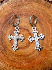 ROMWE Goth 1雙時尚鋅合金水鑽裝飾十字架吊墜耳環適合女士日常裝飾 - 銀色 - 查看 5