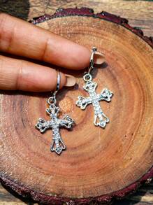 ROMWE Goth 1雙時尚鋅合金水鑽裝飾十字架吊墜耳環適合女士日常裝飾 - 銀色 - 查看 6