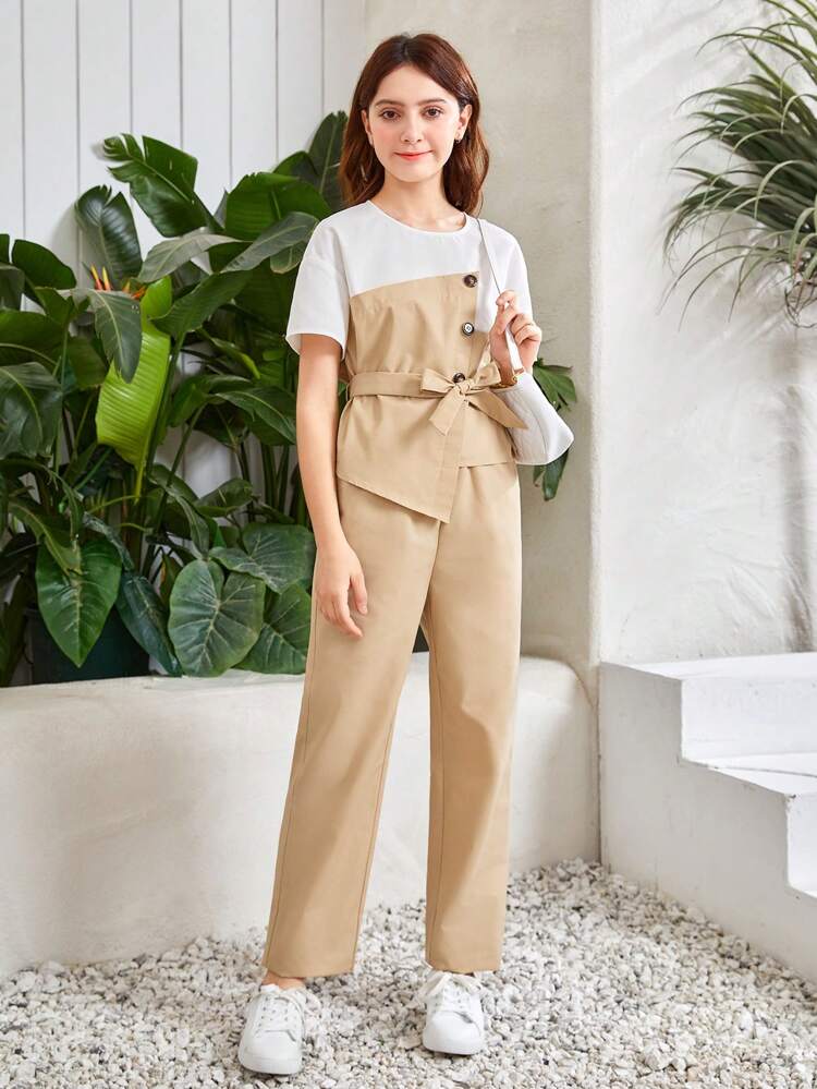 Teen Girls Colorblock Asymmetrical Hem Belted Top & Pants