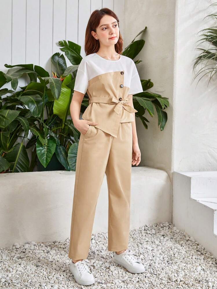 Teen Girls Colorblock Asymmetrical Hem Belted Top & Pants