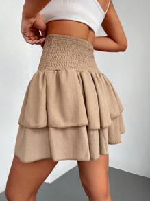 EURMUSE Shirred Waist Two Layer Hem Skirt - Olive Green - View 2