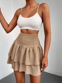 EURMUSE Shirred Waist Two Layer Hem Skirt - Olive Green - View 5