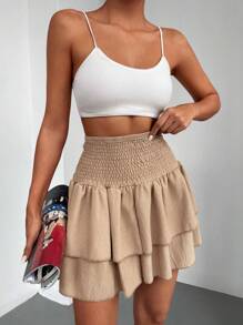 EURMUSE Shirred Waist Two Layer Hem Skirt - Olive Green - View 6