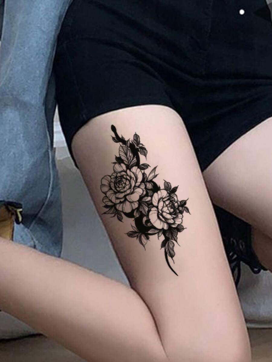 1pc Personalized Flower Arm Tattoo Sticker - Black - View 1