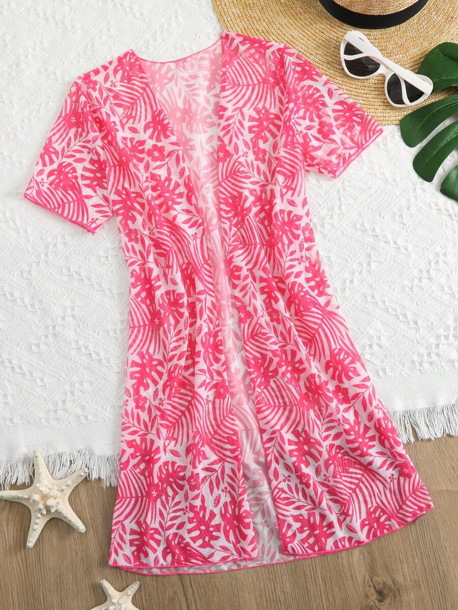 女孩熱帶圖案開門襟和服罩衫