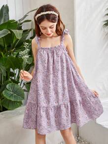 SHEIN Teen Girls Ditsy Floral Print Ruffle Hem Cami Dress - Lilac Purple - View 1