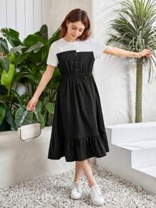 SHEIN Đầm Gái Nút Viên lá sen Khối Màu Giải trí - màu đen - Xem 2