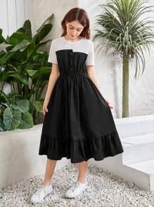 SHEIN Đầm Gái Nút Viên lá sen Khối Màu Giải trí - màu đen - Xem 1