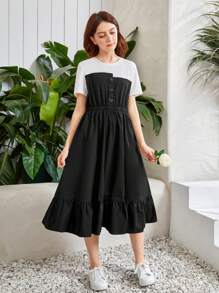 SHEIN Đầm Gái Nút Viên lá sen Khối Màu Giải trí - màu đen - Xem 5