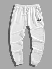 Manfinity Hypemode Men Loose Crown Print Drawstring Waist Sweatpants - White - View 3