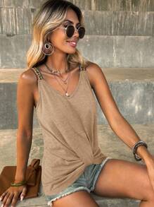 SHEIN LUNE 拼接幾何織帶扭結下擺寬肩帶上衣 - 杏色 - 查看 3