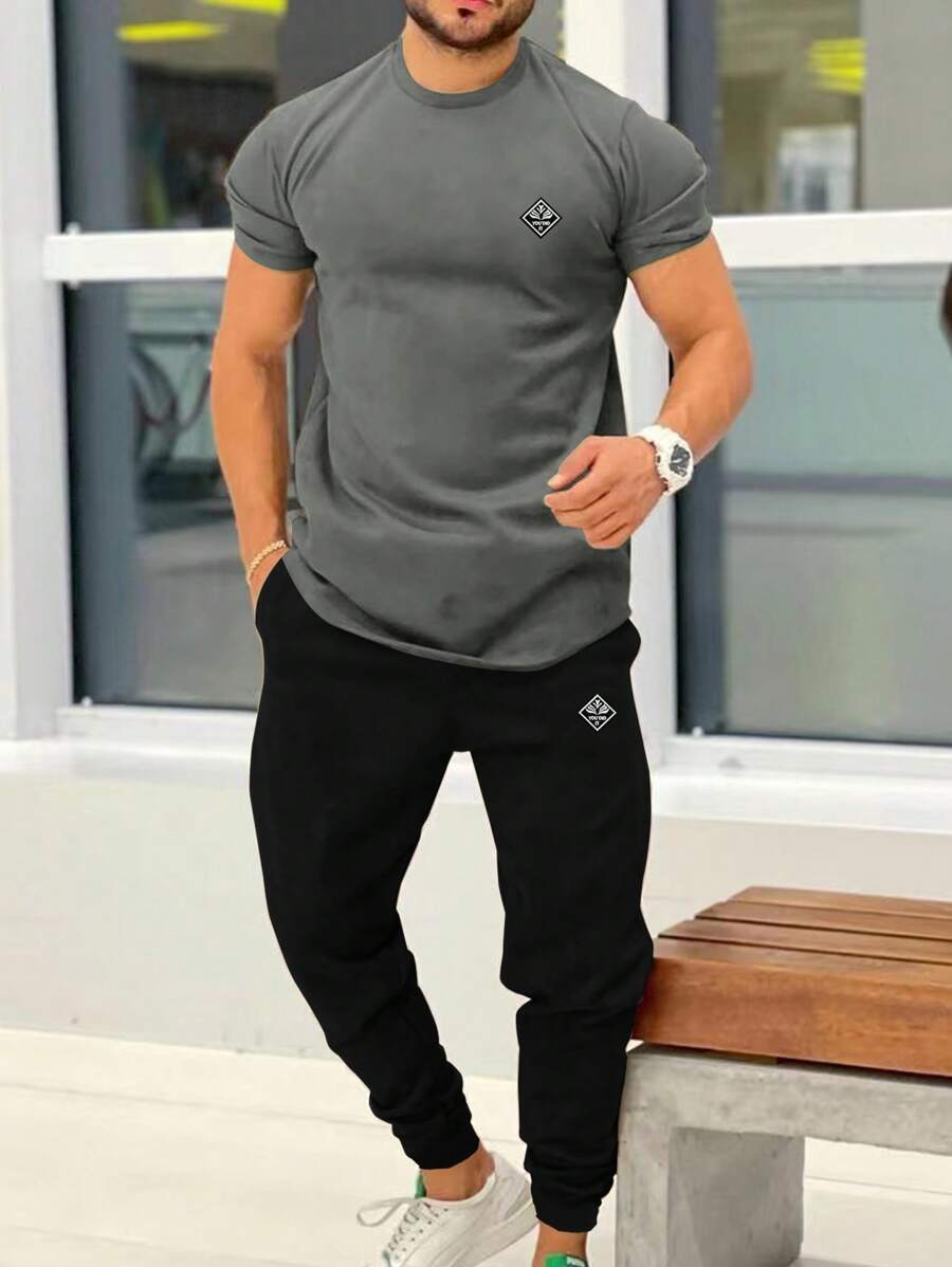 Manfinity Homme 男士字母圖案T恤和腰部抽繩衛褲 - 彩色 - 查看 1