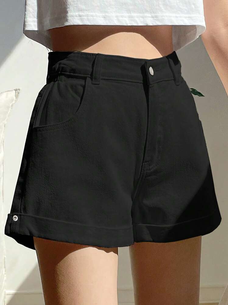 DAZY High Waist Roll Hem Denim Shorts Jorts - Black - View 1