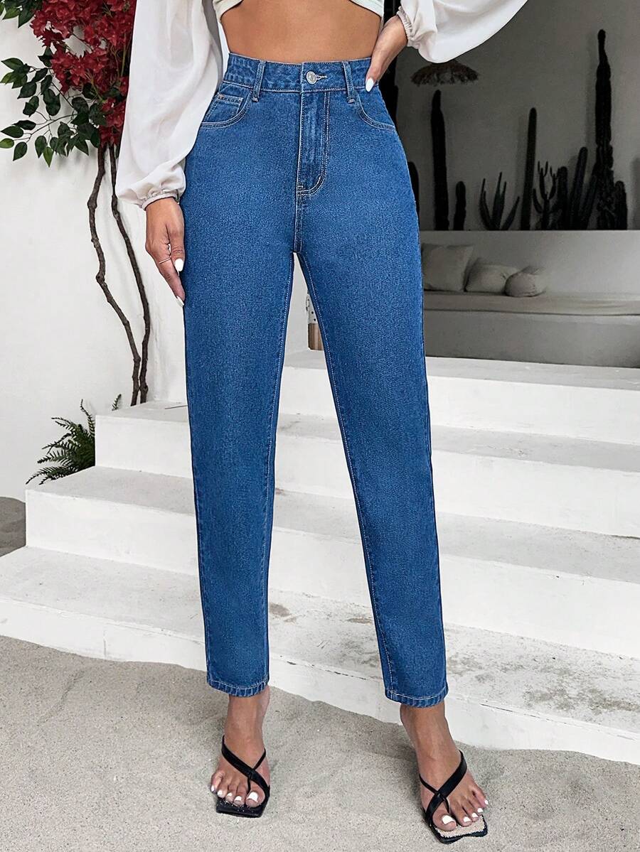 SHEIN Essnce High Waist Mom Fit Jeans - Dark Wash - View 1