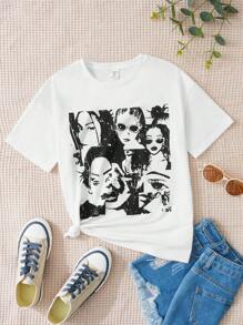 SHEIN Tween Girl Knitted Solid Color Loose Casual T-Shirt With Girl Pattern, Round Neck - White - View 1