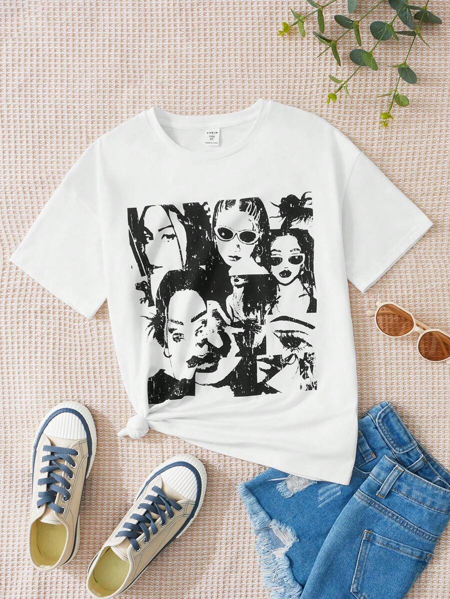 SHEIN Tween Girl Knitted Solid Color Loose Casual T-Shirt With Girl Pattern, Round Neck - White - View 1