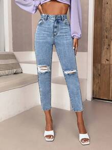 SHEIN Essnce Jeans desgarro de talle alto - Azul - Ver 1
