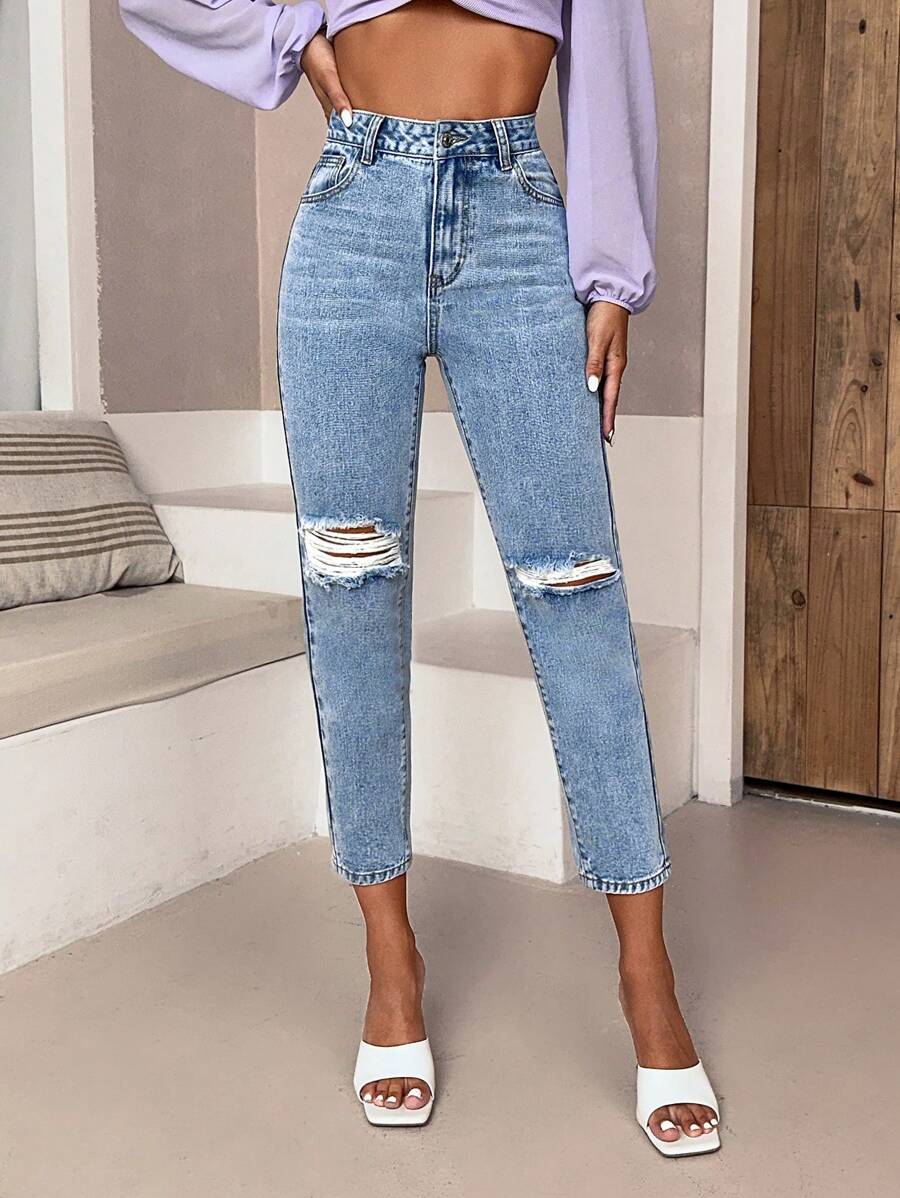 SHEIN Essnce Jeans desgarro de talle alto - Azul - Ver 1