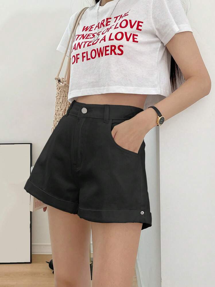 DAZY High Waist Roll Hem Denim Shorts Jorts - Black - View 4