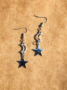 ROMWE Grunge Punk 1pair Fashion Zinc Alloy Moon & Star Drop Earrings For Women For Daily Decoration - Màu Bạc Cổ - Xem 3