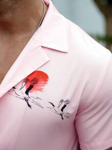 Manfinity RSRT Men Crane Print Shirt & Drawstring Waist Shorts Set - Pink - View 3